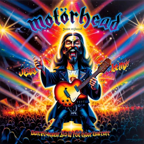 Ankama vivid animation style (jesus:1.15) as lemmy playing guitar at a rock concert in heaven, ,motörhead_cover,,. Vibrant colors, expansive storyworlds, stylized characters, flowing motion