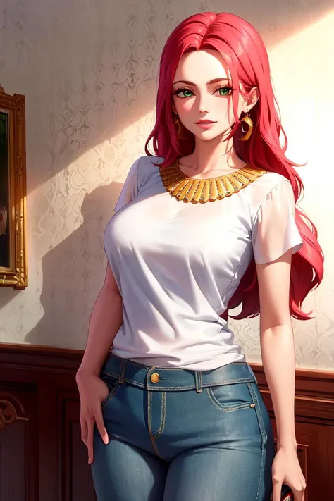 masterpiece, ((ultra detailed background, delicate pattern, intricate detail)), (highly detailed, fine details), best quality, beautiful lighting, (medium breasts, slim girl), (cowboy shot), BaccaratV2, 1girl, solo, long hair, jewelry, red hair, earrings, necklace, smile, green eyes, tattoo, ((white T-shirt, simple T-shirt, jeans)), complex detailed background, casino environment, fancy interior environment, rich interior, cowboy shot, slim girl,  <lora:BaccaratV2Eight:0.6>