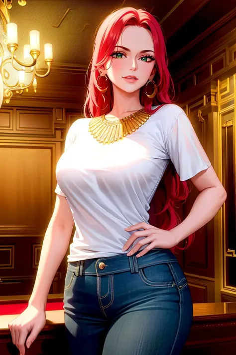 masterpiece, ((ultra detailed background, delicate pattern, intricate detail)), (highly detailed, fine details), best quality, beautiful lighting, (medium breasts, slim girl), (cowboy shot), BaccaratV2, 1girl, solo, long hair, jewelry, red hair, earrings, necklace, smile, green eyes, tattoo, ((white T-shirt, simple T-shirt, jeans)), complex detailed background, casino environment, fancy interior environment, rich interior, cowboy shot, slim girl, <lora:BaccaratV2Eight:0.6>