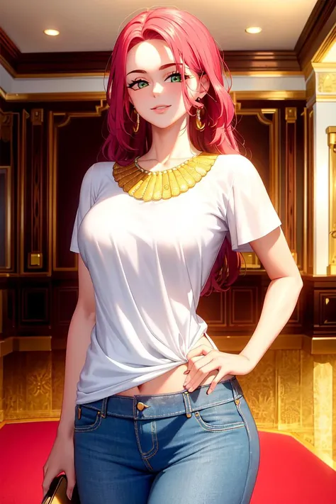 masterpiece, ((ultra detailed background, delicate pattern, intricate detail)), (highly detailed, fine details), best quality, beautiful lighting, (medium breasts, slim girl), (cowboy shot), BaccaratV2, 1girl, solo, long hair, jewelry, red hair, earrings, necklace, smile, green eyes, tattoo, ((white T-shirt, simple T-shirt, jeans)), complex detailed background, casino environment, fancy interior environment, rich interior, cowboy shot, slim girl,  <lora:BaccaratV2Eight:0.6>