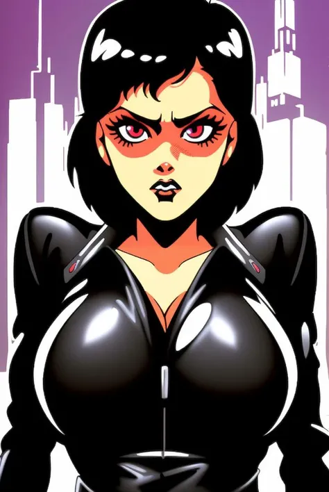 1980s \(style\), highly detailed retro anime illustration of (beautiful gothic woman soldier with short black pixie hair), red eyes, perfect face, intricate gothic makeup, wearing black leather jacket, large breasts, cleavage, cyberpunk city scape background, highly detailed, hires, bold colors, oil on canvas, gundam, (retro artstyle), masterpiece, best quality, absurdres