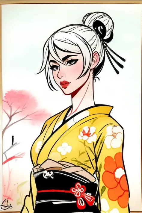 woman, thick lips, geisha, samurai, single hair bun, calm, peaceful, floral print, flat color, small breasts, sketch, watercolor, japanese painting, temple, upper body, masterpiece, best quality, absurdres