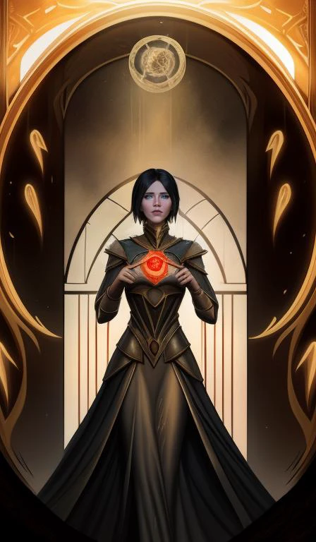 the epitome of mommy issues, rule of thirds, dragon age tarot card, art deco, esoteric symbolism, alchemist, glowing, fancy, long armored dress, masterpiece, absurdres, best quality