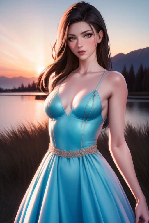 professional photography style, beautiful woman, outdoor, detail eye, nature background at sunset, seductive expression, small modest dress with little cleavage, 8k, UHD, 4x upscaled, masterpiece, best quality, absurdres