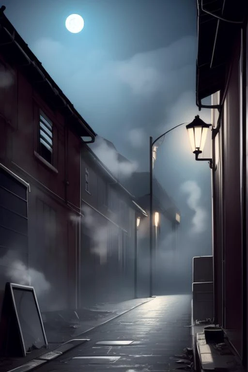 scenery, an alley at night, trash, steam, mist, full moon, masterpiece, absurdres, best quality