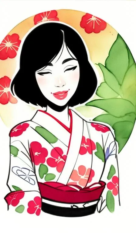 woman, thick lips, geisha, calm, peaceful, smile, floral print, flat color, colorful, small breasts, sketch, (watercolor:1.1), japanese painting, temple, upper body, masterpiece, best quality, absurdres