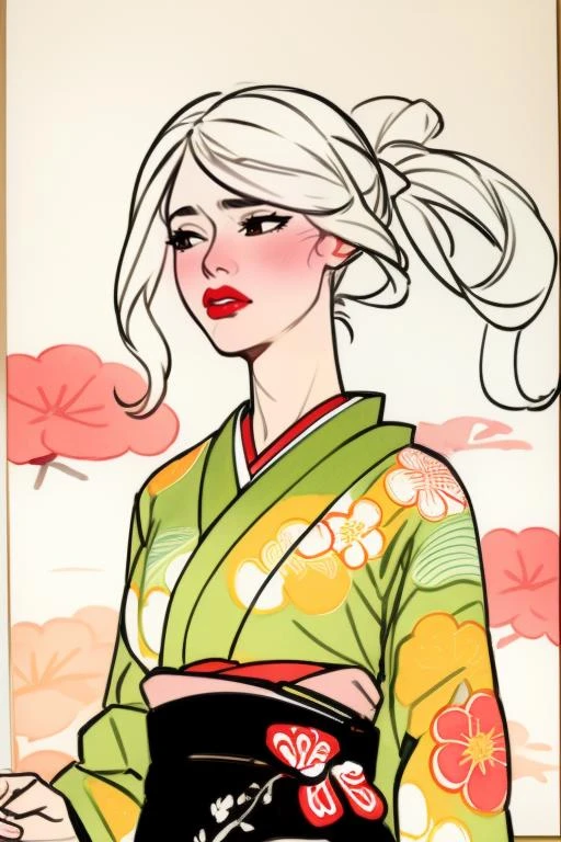 woman, thick lips, geisha, calm, peaceful, floral print, flat color, small breasts, sketch, watercolor, japanese painting, temple, upper body, masterpiece, best quality, absurdres
