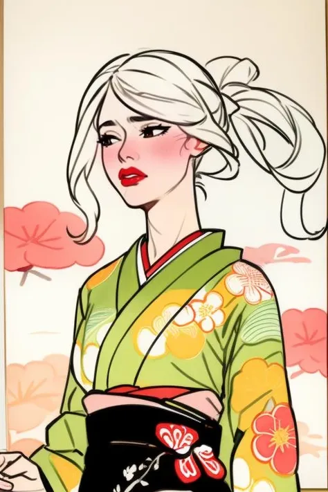 woman, thick lips, geisha, calm, peaceful, floral print, flat color, small breasts, sketch, watercolor, japanese painting, temple, upper body, masterpiece, best quality, absurdres