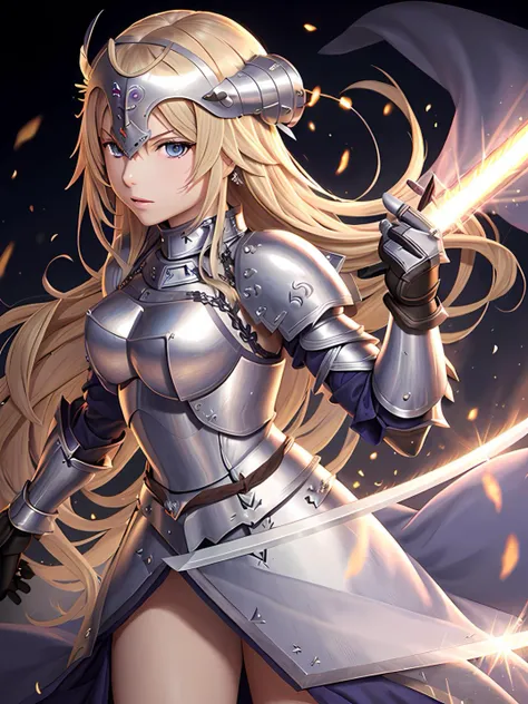 masterpiece, best quality, 1girl, solo, long hair, blonde hair, jeanne d'arc (fate), armor, blue eyes, weapon, sword, armored dress, gauntlets, headpiece, jeanne d'arc (third ascension) (fate),(kbxll:0.6)