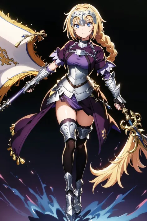 1GIRL, JEANNE D'ARC (FATE), LONG HAIR, SOLO, BLONDE HAIR, JEANNE D'ARC (RULER) (FATE), ARMOR, THIGHHIGHS, BLUE EYES, GAUNTLETS, BRAID, WEAPON, ARMORED DRESS, HEADPIECE, SINGLE BRAID, SWORD
best quality, masterpiece, illustration, CG unity, 8k wallpaper, intricate details, amazing, highres,
(1girl: 1.1), beautiful girl, extremely detailed, an extremely delicate and beautiful, looking at viewer, extremely detailed, extremely beautiful detailed face, detailed eyes and face, beautiful eyes
The character is in the center of the frame, full-body shot, solo, (full body: 1.1), japanese_anime
<lora:jeanneDarcFate_v10:1>