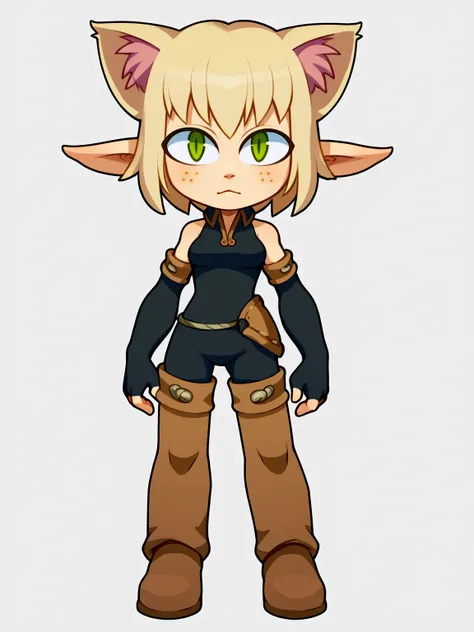 score_9, score_8_up, score_7_up, BREAK, 1girl, necoarc, cat ears,
evangelyneold, blonde hair, short hair, green eyes, freckles, elf, belt, bare shoulders, bodysuit, fingerless elbow gloves, thigh boots, thighhighs,
standing, chibi, slit pupils, solo, full body, white background <lora:necoarc-guy-PONY-v1:1> <lora:EvangelyneXL:1>
