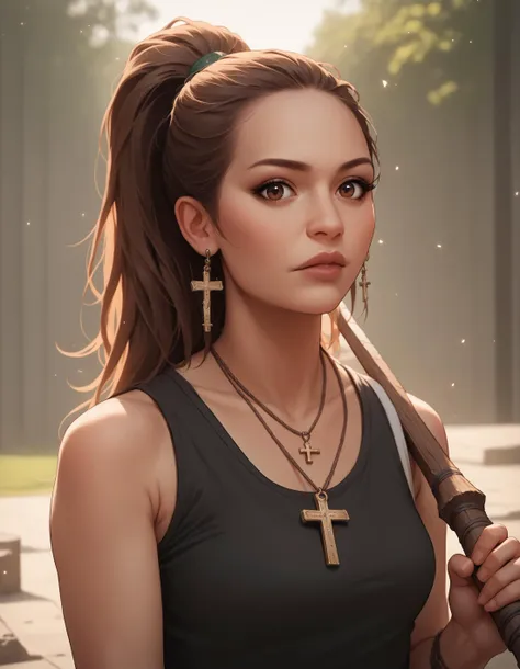 score_9, score_8_up, score_7_up, score_6_up, score_5_up, score_4_up, 1girl, brown eyes, cross, earrings, jewelry, lips, long hair, looking at viewer, necklace, nose, ponytail, solo, tank top, upper body, weapon, depth of field, outdoors, cinematic angle, aotearoamatariki, <lora:MatarikiAotearoaPonyXL:1>