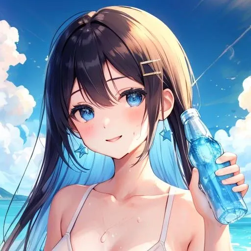 <lora:Ames_best:0.6>, face, Ame, 1girl, ramune, solo, blue eyes, blue hair, holding, hair ornament, bottle, looking at viewer, cloud, holding bottle, sky, long hair, smile, bangs, collarbone, portrait, day, blue sky, closed mouth, outdoors, sweat, water bottle, summer, blush, star hair ornament, hair between eyes, star \(symbol\), masterpiece, best quality,