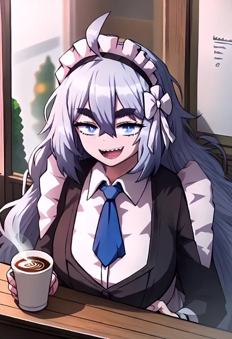 score_9, score_8_up, solo, source_anime BREAK
RawrIG, grey hair, thick eyebrows, short eyebrows, blue hair, huge breasts, smug, teeth,
, open mouth, solo, cafe, upper body, blush,
messy hair, long hair, hair between eyes, very long hair, ahoge, bangs, blue eyes, eye bags, maid costume, maid brim, blue ascot,
open mouth, blush, coffee, looking at viewer, (bent over:1.2), cleavage,
<lora:RawrIG:0.9>
<lora:hand 4:0.3>
 <lora:limbus_company_v1_pruned:1>