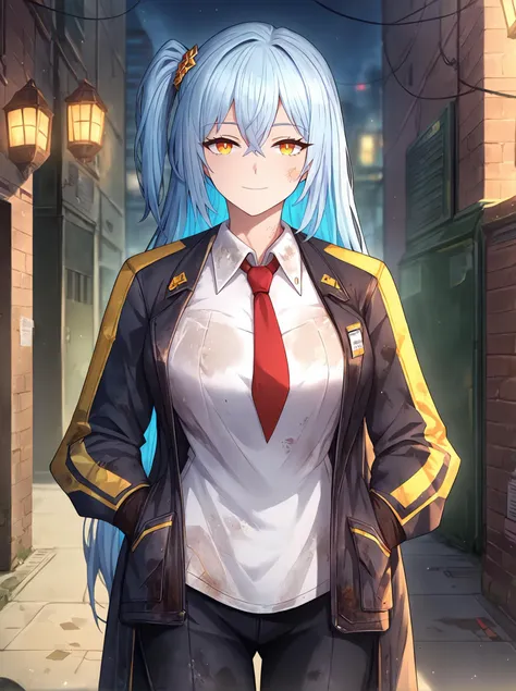 score_9,
<lora:limbus_company_v1_lite:1>, 
1girl, epic, long hair, light blue hair, large breasts, amber eyes, straight hair, one side up, 
outdoors, city, alley, light smile, night, dark, 
black jacket, open jacket, white shirt, red necktie, black pants, dirty clothes, 
cowboy shot, looking at viewer,
high resolution, Masterpiece, detailed