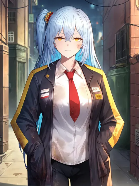 score_9,
<lora:limbus_company_v1_unpruned:1>, 
1girl, epic, long hair, light blue hair, large breasts, amber eyes, straight hair, one side up, 
outdoors, city, alley, light smile, night, dark, 
black jacket, open jacket, white shirt, red necktie, black pants, dirty clothes, 
cowboy shot, looking at viewer,
high resolution, Masterpiece, detailed