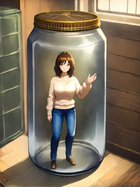 score_9,
<lora:limbus_company_v1_pruned:1>, <lora:in_jar_v1_pruned:1>, in jar, lid, 
1girl, jeans, sweater, 
brown hair, medium hair, brown eyes, 
looking at viewer, light smile, 
full body,
high resolution, Masterpiece, detailed