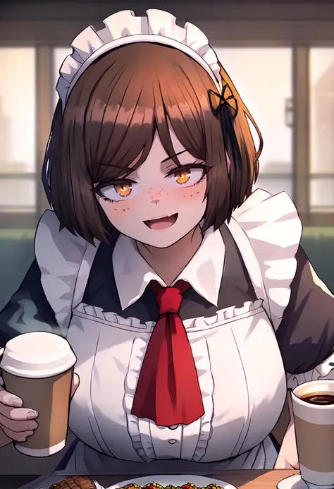 score_9, score_8_up, solo, source_anime BREAK
1girl, tildevtuber, brown hair, freckles, bob cut, swept bangs, huge breasts, open mouth, solo, cafe, upper body, blush, (center frills:1.4),
open mouth, blush, red ascot, coffee, looking at viewer, (bent over:1.2), smug,
maid costume, maid brim, alternative costume
<lora:TildeVtuber:0.7>
<lora:hand 4:0.3>
 <lora:limbus_company_v1_pruned:1>