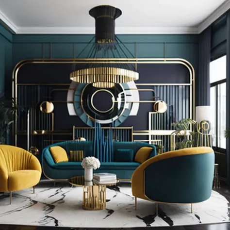 （best quality,4K,8k,high resolution,masterpiece:1.2),super detailed,(actual,photoactual,photo-actual:1.37)。（（Avant-garde art，Exotic soft furnishings，Unique décor，Elegant and refined, Elegant and gorgeous, Gorgeous and elegant,））。（（an art deco,Expose artistic，Spacious and bright living room））它结合了Avant-garde art风格，exotic，通过Unique décor和Elegant and refined的设计，Create a stunning space。Spacious and bright living room。The color of the sofa coordinates well with the tone of the entire space，Decorative paintings and geometric lamps add more artistic and modern feel to the space.。The color scheme throughout the space is very unique，Mainly metallic and bright colors，Create a strong visual impact。at the same time，Combination of curved decoration and metal decoration，The entire space is full of artistic tension and aristocratic temperament。This kind of color matching not only has a sense of rhythm，It can return create exotic scenes，Make the entire space look modern and high-end。return，This space return incorporates some mechanical style and mechanical aesthetic concepts，minimalist architectural style，通过几何Wire条展现力量感。Wire、lightning、radiation、Abstract line graphics such as star icons are return cleverly integrated into modern spaces.，Bring unique visual effects to the entire space。