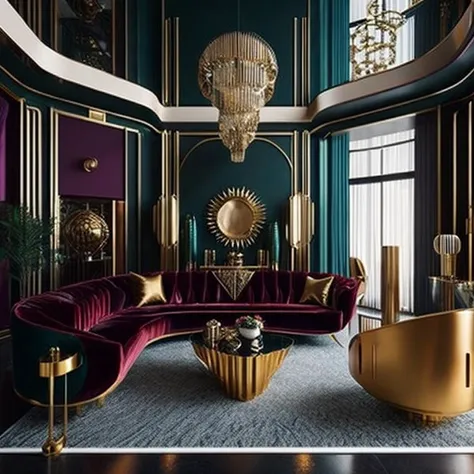 <lyco:art_deco_style_interior_design_Sa_May:1.0> Vintage dream home, Art Deco, rich colors, bold geometry, decadent detail work, hyper realistic, a real home, art deco home decor, living room, full house, 4k, sharp image, photography, luxurious materials, velvet, and gold accents, iconic design elements, sunburst mirrors, streamlined furniture, glamorous and sophisticated ambiance