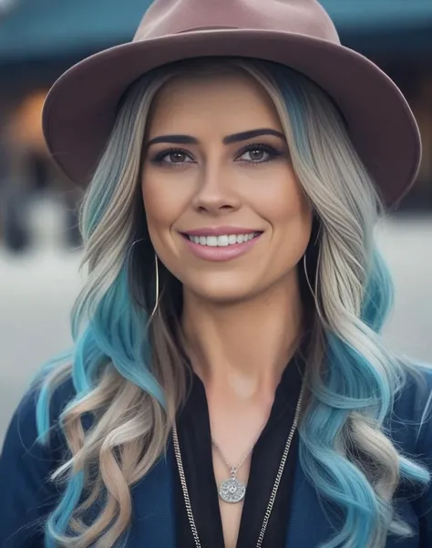 ChristinaElMoussa,<lora:ChristinaElMoussaSDXL:1>,Realistic photo of a beautiful woman, 1girl, solo, long hair, hat, jewelry, blue hair, jacket, multicolored hair, necklace, bracelet, lips, realistic, fashion, soft lighting, professional Photography, Photorealistic, detailed, RAW, analog, sharp focus, 8k, HD, DSLR, high quality, Fujifilm XT3, film grain, award winning, masterpiece
