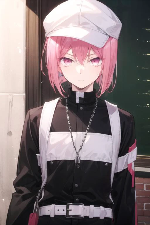 masterpiece, best quality, game cg, 1boy, solo, male focus, looking at viewer, upper body, , ligne claire, , <lora:astolfo_granatum:0.68>, astolfo_granatum, pink hair, pink eyes, cargo pants, golf cap, ,