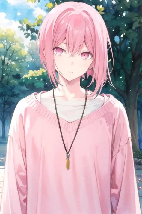 masterpiece, best quality, game cg, 1boy, solo, male focus, looking at viewer, upper body, , (watercolor illustration, soft pastel colors:1.1), realistic, <lora:astolfo_granatum:0.72>, astolfo_granatum, pink hair, pink eyes, sweater, , ,