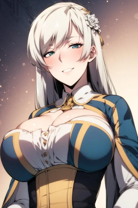 <lora:Irene:0.7> irene, corset, looking down, from below, smirk, huge breasts, deep cleavage, half closed eyes, solo, upper body, looking at viewer