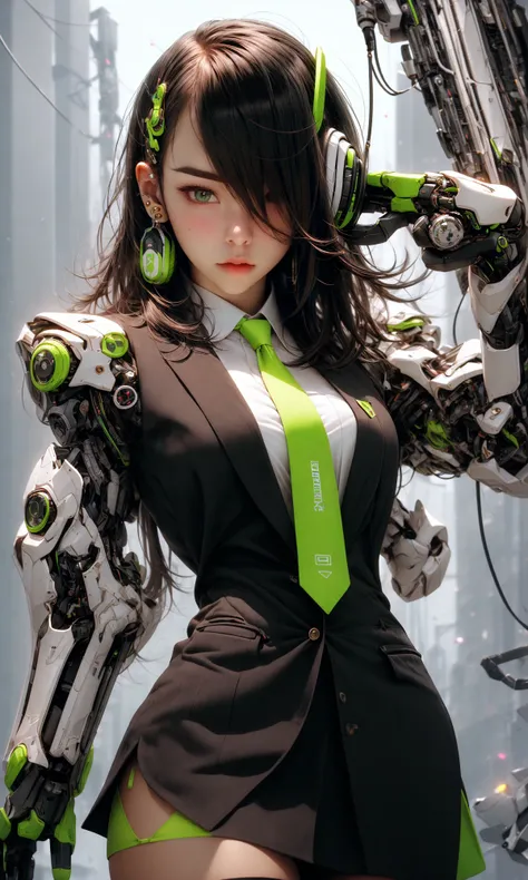 masterpiece, best quality, 8k, insane details, intricate details, hyperdetailed, hyper quality, high detail, ultra detailed, Masterpiece,
1girlsolomulticolored hairtwo-tone haircolored inner hairmole under eye
suitclosed mouthFluorescent greenhair ornamentearringsjewelryminiskirtthighhighs
green necktiemechanical armssingle mechanical armheadphonesheadphones around neckgreen eyesmaskrespirator
cyberpunkweaponmolescience fiction<lora:~Q?-gQIg:ZFluorescent green:1>