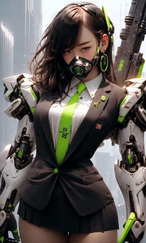 masterpiece, best quality, 8k, insane details, intricate details, hyperdetailed, hyper quality, high detail, ultra detailed, Masterpiece,
1girlsolomulticolored hairtwo-tone haircolored inner hairmole under eye
suitclosed mouthFluorescent greenhair ornamentearringsjewelryminiskirtthighhighs
green necktiemechanical armssingle mechanical armheadphonesheadphones around neckgreen eyesmaskrespirator
cyberpunkweaponmolescience fiction<lora:~Q?-gQIg:ZFluorescent green:1>