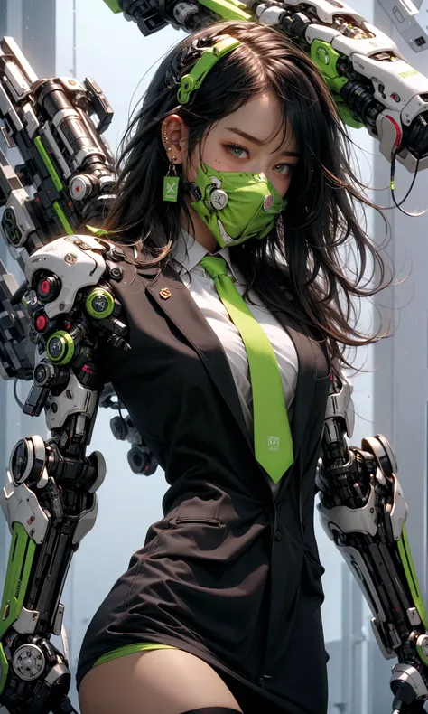 masterpiece, best quality, 8k, insane details, intricate details, hyperdetailed, hyper quality, high detail, ultra detailed, Masterpiece,
1girlsolomulticolored hairtwo-tone haircolored inner hairmole under eye
suitclosed mouthFluorescent greenhair ornamentearringsjewelryminiskirtthighhighs
green necktiemechanical armssingle mechanical armheadphonesheadphones around neckgreen eyesmaskrespirator
cyberpunkweaponmolescience fiction<lora:~Q?-gQIg:ZFluorescent green:1>