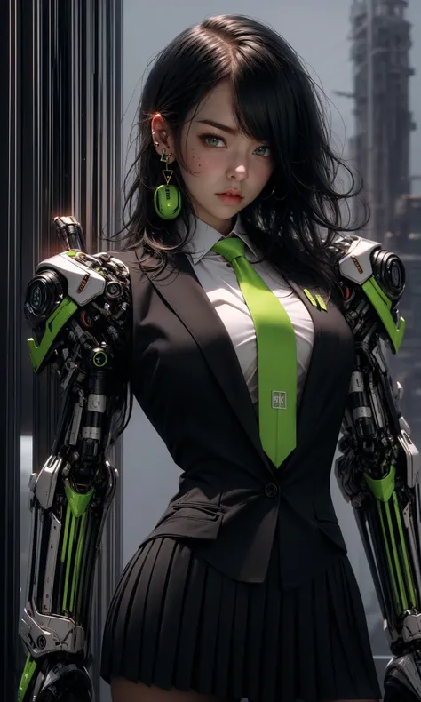 masterpiece, best quality, 8k, insane details, intricate details, hyperdetailed, hyper quality, high detail, ultra detailed, Masterpiece,
1girlsolomulticolored hairtwo-tone haircolored inner hairmole under eye
suitclosed mouthFluorescent greenhair ornamentearringsjewelryminiskirtthighhighs
green necktiemechanical armssingle mechanical armheadphonesheadphones around neckgreen eyesmaskrespirator
cyberpunkweaponmolescience fiction<lora:~Q?-gQIg:ZFluorescent green:1>