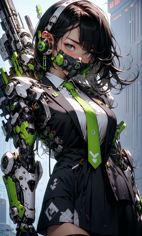 masterpiece, best quality, 8k, insane details, intricate details, hyperdetailed, hyper quality, high detail, ultra detailed, Masterpiece,
1girlsolomulticolored hairtwo-tone haircolored inner hairmole under eye
suitclosed mouthFluorescent greenhair ornamentearringsjewelryminiskirtthighhighs
green necktiemechanical armssingle mechanical armheadphonesheadphones around neckgreen eyesmaskrespirator
cyberpunkweaponmolescience fiction<lora:~Q?-gQIg:ZFluorescent green:1>