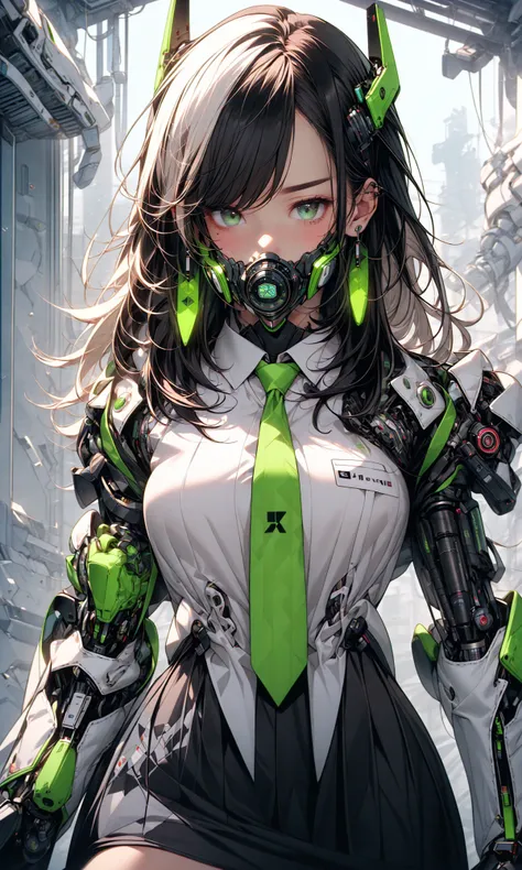 masterpiece, best quality, 8k, insane details, intricate details, hyperdetailed, hyper quality, high detail, ultra detailed, Masterpiece,
1girlsolomulticolored hairtwo-tone haircolored inner hairmole under eye
suitclosed mouthFluorescent greenhair ornamentearringsjewelryminiskirtthighhighs
green necktiemechanical armssingle mechanical armheadphonesheadphones around neckgreen eyesmaskrespirator
cyberpunkweaponmolescience fiction<lora:~Q?-gQIg:ZFluorescent green:1>