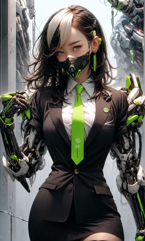 masterpiece, best quality, 8k, insane details, intricate details, hyperdetailed, hyper quality, high detail, ultra detailed, Masterpiece,
1girlsolomulticolored hairtwo-tone haircolored inner hairmole under eye
suitclosed mouthFluorescent greenhair ornamentearringsjewelryminiskirtthighhighs
green necktiemechanical armssingle mechanical armheadphonesheadphones around neckgreen eyesmaskrespirator
cyberpunkweaponmolescience fiction<lora:~Q?-gQIg:ZFluorescent green:1>