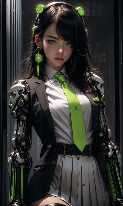 masterpiece, best quality, 8k, insane details, intricate details, hyperdetailed, hyper quality, high detail, ultra detailed, Masterpiece,
1girlsolomulticolored hairtwo-tone haircolored inner hairmole under eye
suitclosed mouthFluorescent greenhair ornamentearringsjewelryminiskirtthighhighs
green necktiemechanical armssingle mechanical armheadphonesheadphones around neckgreen eyes
cyberpunkweaponmolescience fiction<lora:~Q?-gQIg:ZFluorescent green:1>