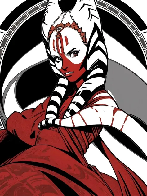 1girl,solo, shaakti, red skin, togruta, facial mark,upper body, looking at viewer (high contrast, official art, extreme detailed, highest detailed) <lora:shaakti:1>