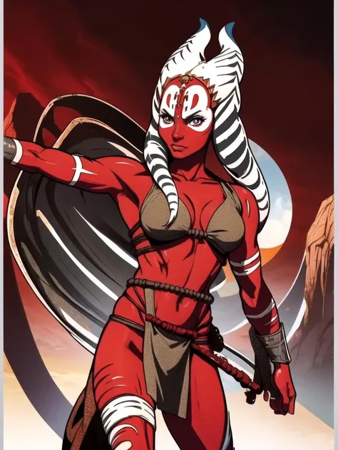 1girl,solo, shaakti, red skin, togruta, facial mark,cowboy shot, looking at viewer, tfu, tribal,breasts, loin cloth (high contrast, official art, extreme detailed, highest detailed) <lora:shaakti:0.8>