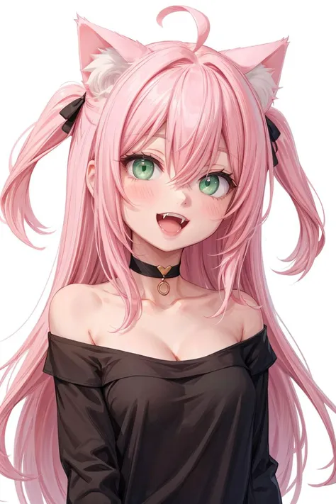 1girl, animal ears, solo, fangs, long hair, cat ears, off shoulder, breasts, pink hair, white background, green eyes, simple background, black shirt, shirt, ahoge, animal ear fluff, open mouth, looking at viewer, smile, upper body, small breasts, blush, two side up, bare shoulders, :d, collarbone, cat girl, cleavage, bangs, hair between eyes,<lora:detail:0.4>