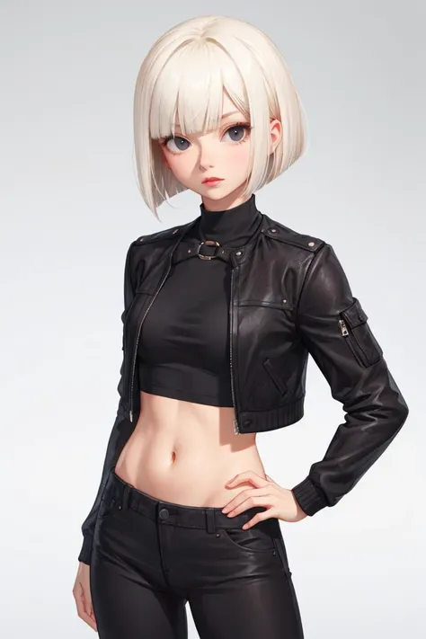 1lady,solo,leggings,cropped top,jacket,platinum blonde,bob cut,cowboy shot,black eyes,3D