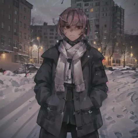 1girl, outdoors, snow, coat, jacket, building, arknights, scarf, night, long sleeves, snowing, looking at viewer, sky, standing, city, hood, winter, winter clothes, closed mouth, hands in pockets, cityscape, hood down, lamppost, open clothes, shirt, night sky, street,  <lora:DarkWillow:0.55>, best quality, beautiful lighting, RAW photo, 8k uhd,colorful,willow,short hair, red eyes,masterpiece, (photorealistic:1.4), detached collar, detailed face, pink hair,  <lora:Ebenya:0.7>, tired