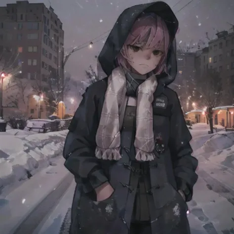1girl, outdoors, snow, coat, jacket, building, arknights, scarf, night, long sleeves, snowing, looking at viewer, sky, standing, city, hood, winter, winter clothes, closed mouth, hands in pockets, cityscape, hood down, lamppost, open clothes, shirt, night sky, street, <lora:DarkWillow:0.55>, best quality, beautiful lighting, RAW photo, 8k uhd,colorful,willow,short hair, red eyes,masterpiece, (photorealistic:1.4), detached collar, detailed face, pink hair, <lora:Ebenya:0.7>, tired