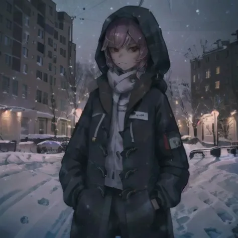 1girl, outdoors, snow, coat, jacket, building, arknights, scarf, night, long sleeves, snowing, looking at viewer, sky, standing, city, hood, winter, winter clothes, closed mouth, hands in pockets, cityscape, hood down, lamppost, open clothes, shirt, night sky, street, <lora:DarkWillow:0.55>, best quality, beautiful lighting, RAW photo, 8k uhd,colorful,willow,short hair, red eyes,masterpiece, (photorealistic:1.4), detached collar, detailed face, pink hair, <lora:Ebenya:0.7>
