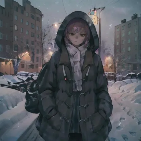 1girl, outdoors, snow, coat, jacket, building, arknights, scarf, night, long sleeves, snowing, looking at viewer, sky, standing, city, hood, winter, winter clothes, closed mouth, hands in pockets, cityscape, hood down, lamppost, open clothes, shirt, night sky, street,  <lora:DarkWillow:0.55>, best quality, beautiful lighting, RAW photo, 8k uhd,colorful,willow,short hair, red eyes,masterpiece, (photorealistic:1.4), detached collar, detailed face, pink hair,  <lora:Ebenya:0.7>