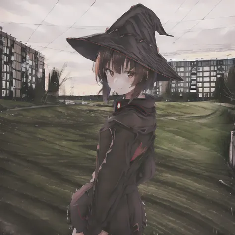 1girl, ebenya, looking at viewer, brown hair, russian city, Megumin_1000, witch hat