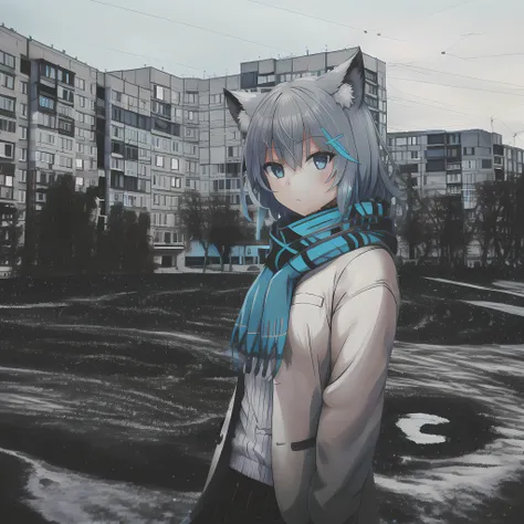 1girl, ebenya, looking at viewer, white hair, neko, cat ears, cat tail, white shirt, open clothes, russian city, ba-shiroko