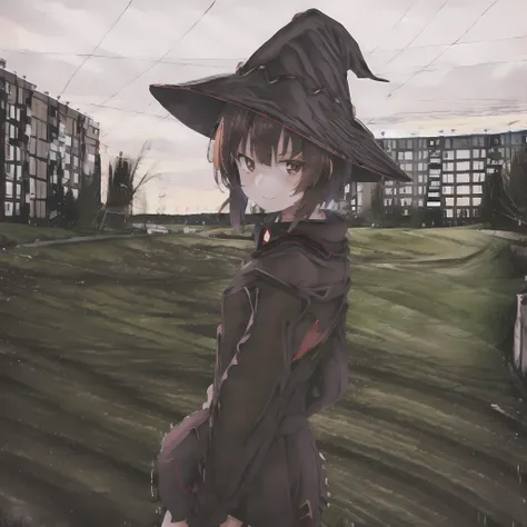 1girl, ebenya, looking at viewer, brown hair, russian city, Megumin_1000, witch hat