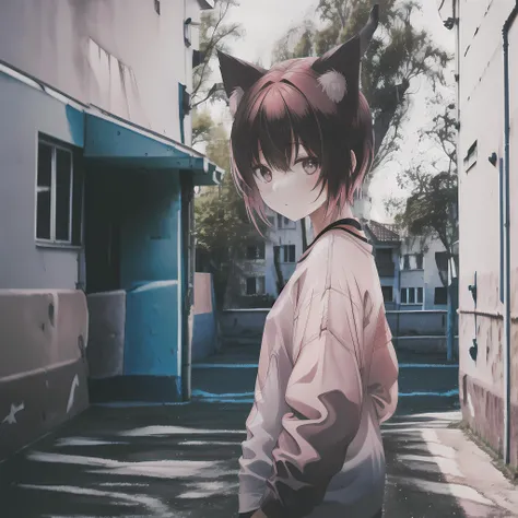 1girl, ebenya, looking at viewer, pink hair, neko, cat ears, cat tail, white shirt, open clothes, russian city