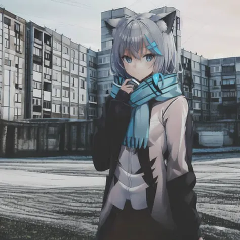 1girl, ebenya, looking at viewer, white hair, neko, cat ears, cat tail, white shirt, open clothes, russian city, ba-shiroko