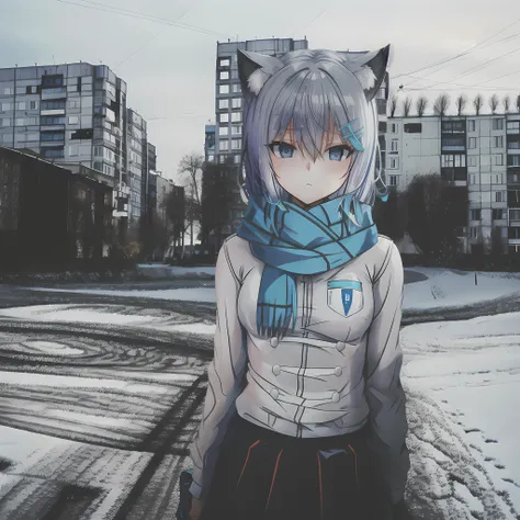 1girl, ebenya, looking at viewer, white hair, neko, cat ears, cat tail, white shirt, open clothes, russian city, ba-shiroko